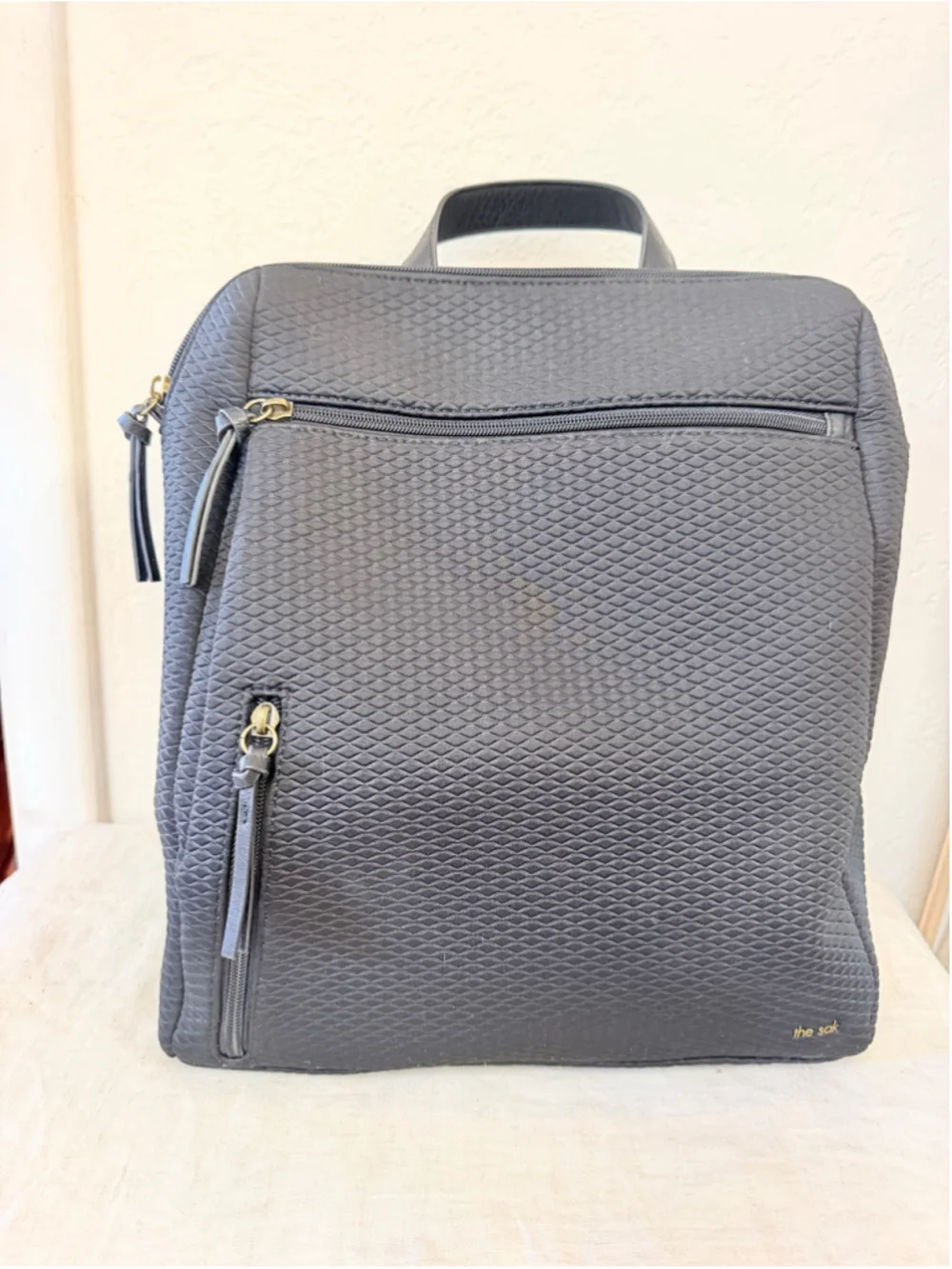 The Sak Black Textured Backpack Purse Olvera Style Zip Pockets Adjustable Straps